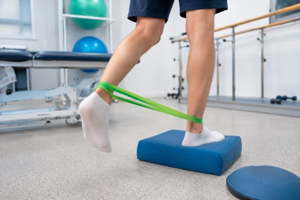 Foto de um paciente realizando exercícios de fisioterapia para o tornozelo